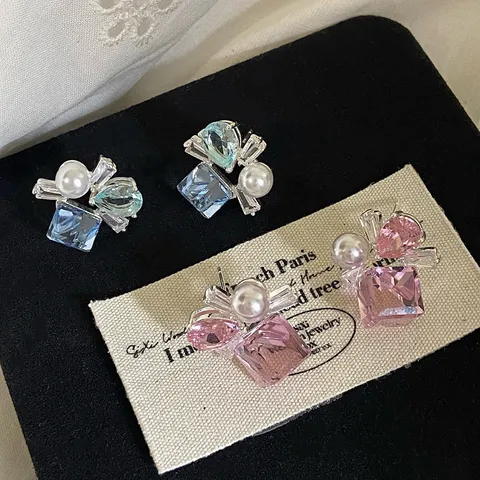 Squisiti Orecchini a Bottone in Rame con Strass Quadrati e Perle Artificiali Dolce Stile Dopamina Orecchini Geometrici da Donna