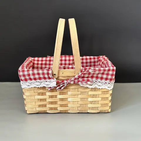 Pastoral Hand Woven Wood Chip Storage Basket With Red Plaid Cloth Lining Lace Trim Double Handle Picnic Basket Fruit Organizer
