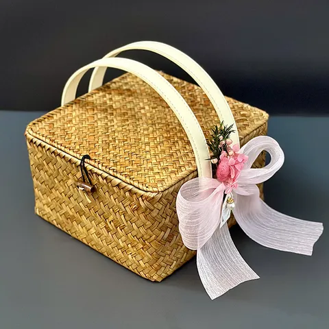 Panier de Rangement Boîte Cadeau de Mariage en Jonc de Mer Tissé à la Main avec Couvercle Nœud pour Fête de Demoiselle d'Honneur Organisation Maison