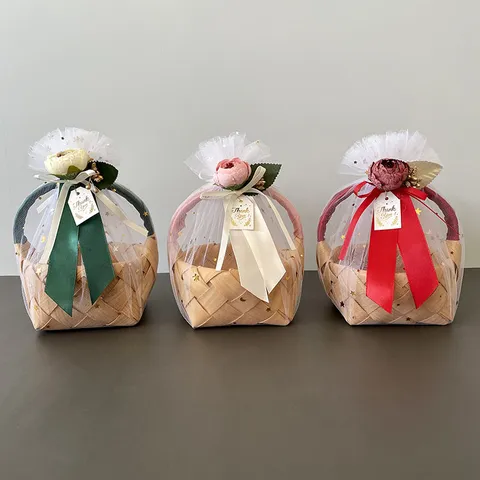 Panier de Rangement Tissé en Bois Fait Main Boîte Cadeau en Rotin Cadeaux de Mariage Organisateur de Panier en Bambou Portable