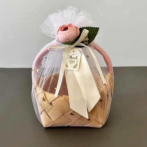 Panier de Rangement Tissé en Bois Fait Main Boîte Cadeau en Rotin Cadeaux de Mariage Organisateur de Panier en Bambou Portable
