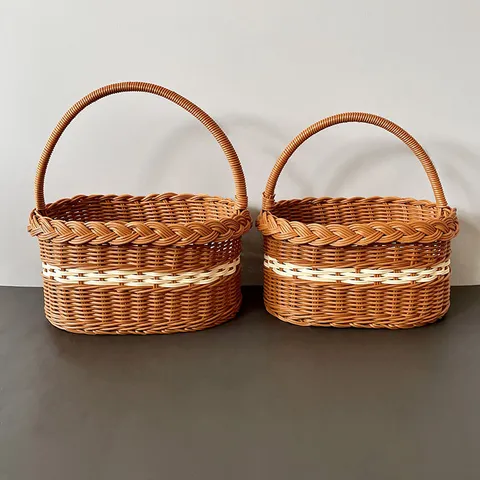 Plastic Rattan Woven Storage Basket Oval Handheld Picnic Fruit Gift Packaging Basket with Silk Scarf