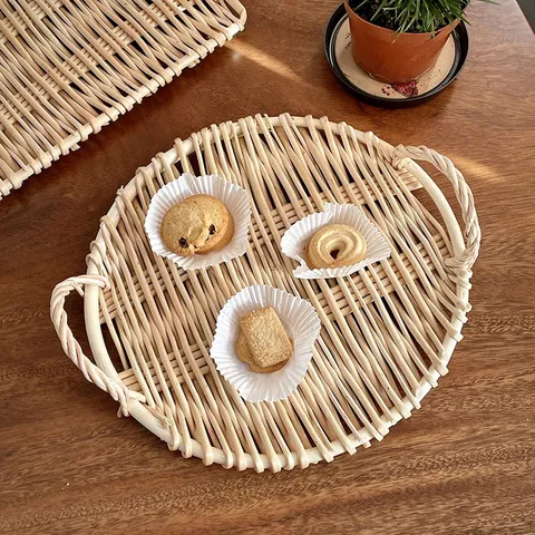 Handwoven Wicker Storage Tray Japanese Style Fruit Snack Bread Picnic Basket With Double Handles Home Decor