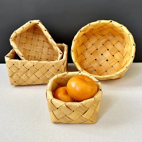 Japanese Style Handwoven Wood Storage Basket For Fruit Snacks Desktop Organizer Picnic Basket Natural Wood Chip Kitchen Basket