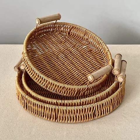 Nordic Imitation Rattan Storage Basket Hand Woven Rectangular Fruit Tray Desktop Sundries Organizer With Wooden Handles