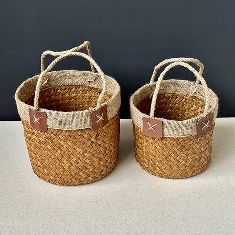 Handmade Seagrass Woven Storage Basket Pastoral Style Plant Pot Holder Woven Storage Organizer For Home Living Room Sundries