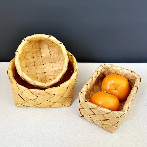 Japanese Style Handwoven Wood Storage Basket For Fruit Snacks Desktop Organizer Picnic Basket Natural Wood Chip Kitchen Basket