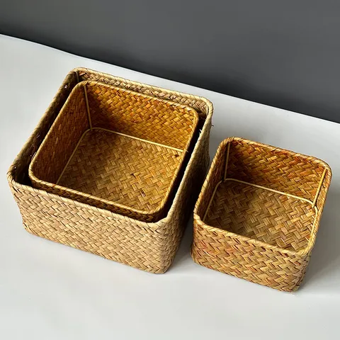 Handmade Natural Straw Woven Storage Basket Desktop Open Rattan Sundries Organizer Box For Home Kitchen Organization