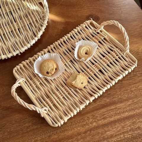 Handwoven Wicker Storage Tray Japanese Style Fruit Snack Bread Picnic Basket With Double Handles Home Decor