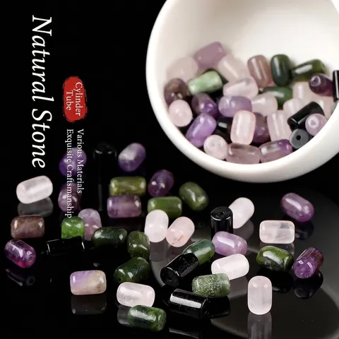 Natural Stone Round Tube Amethyst Rose Quartz Green Aventurine Black Tourmaline Cylinder Beads For DIY Jewelry Making