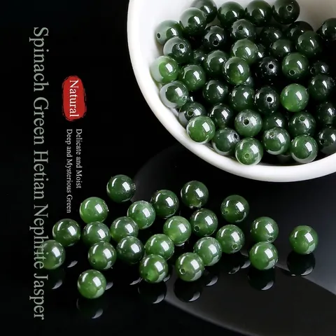 Natural Spinach Green Nephrite Jade Beads Polished Round Loose Gemstone Beads For DIY Jewelry Making Crafts Accessory