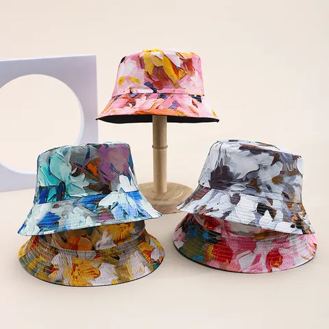 Women Printed Bucket Hat Double Sided Wearable Sun Protection Polyester Sun Hat Summer Travel Beach Floral Bucket Cap