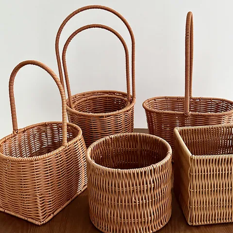 Handmade Plastic Rattan Woven Flower Basket Portable Storage Basket Nordic Style DIY Floral Gift Basket For Home