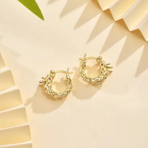 Vintage Copper Snake Dragon Unicorn Hoop Earrings Engraved Chinese Zodiac Animal Stud Earrings Rhinestone Jewelry For Women