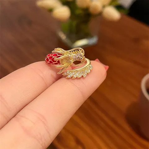 Zodiac Dragon Year Red Ring Copper Lightweight Luxury Micro-Inlaid Zirconia Dragon Open Adjustable Finger Ring For Women Chinese Style Retro Jewelry