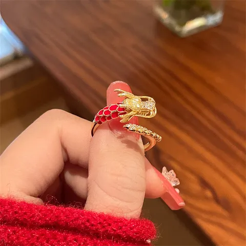 Zodiac Dragon Year Red Ring Copper Lightweight Luxury Micro-Inlaid Zirconia Dragon Open Adjustable Finger Ring For Women Chinese Style Retro Jewelry