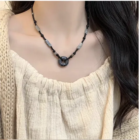 Nieuwe Chinese Stijl Inkt Schilderij Kralen Ketting Voor Vrouwen Vintage Handgemaakte Hars Koperen Hanger Vredesgesp Choker Ketting Retro Sieraden
