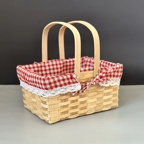 Pastoral Hand Woven Wood Chip Storage Basket With Red Plaid Cloth Lining Lace Trim Double Handle Picnic Basket Fruit Organizer