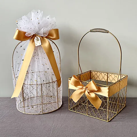 Gold Metal Wire Mesh Gift Basket With Tulle Ribbon Bow For Wedding Birthday Mother Day Party Storage Basket