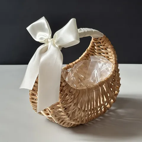 Handgewebter Weiden-Rattan-Blumenkorb Mit Wasserdichtem Futter Bandschleife Halbmond-Geflechtkorb Für Hochzeit Picknick Geschenkaufbewahrung