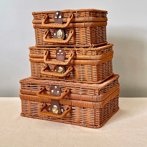 Vintage Woven Storage Box Imitation Rattan Handheld Basket Wedding Gift Box Decorative Organizer with Ribbon