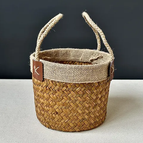Handmade Seagrass Woven Storage Basket Pastoral Style Plant Pot Holder Woven Storage Organizer For Home Living Room Sundries