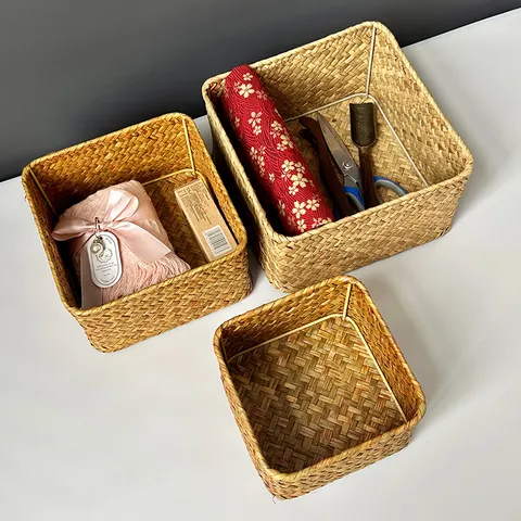 Handmade Natural Straw Woven Storage Basket Desktop Open Rattan Sundries Organizer Box For Home Kitchen Organization