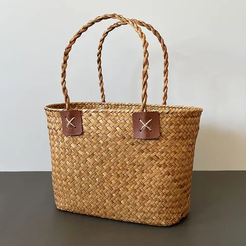 Nordic Handmade Seagrass Woven Storage Basket Natural Straw Flower Basket Gift Packaging Bag Home Organizer With Handles