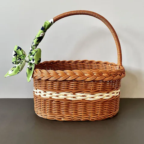 Plastic Rattan Woven Storage Basket Oval Handheld Picnic Fruit Gift Packaging Basket with Silk Scarf