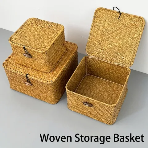 Japanischer Handgeflochtener Seegras Aufbewahrungskorb Mit Deckel Natürlicher Pastoraler Desktop Snacks杂物 Organizer Box Mit Knopfverschluss Heimdekor