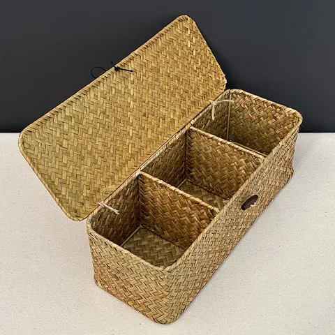 Seagrass Woven Storage Basket Rectangular Storage Box With Lid And Compartments Natural Grass Desktop Organizer