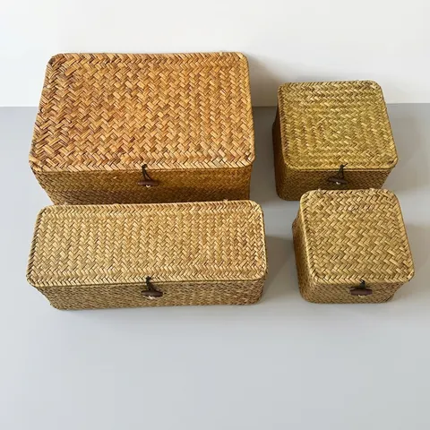 Japanischer Handgeflochtener Seegras Aufbewahrungskorb Mit Deckel Natürlicher Pastoraler Desktop Snacks杂物 Organizer Box Mit Knopfverschluss Heimdekor