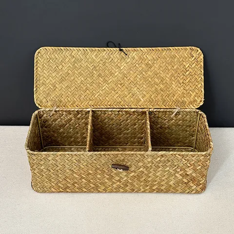 Seagrass Woven Storage Basket Rectangular Storage Box With Lid And Compartments Natural Grass Desktop Organizer