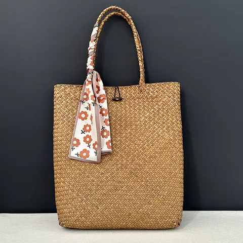Women Straw Woven Tote Bag Large Capacity Handbag Handmade Seagrass Beach Bag Casual Idyllic Style Summer Vacation