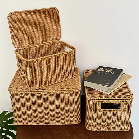 Woven Storage Basket With Lid Plastic Rattan Storage Box Household Bedroom Organizer Large Medium Small Storage Bin