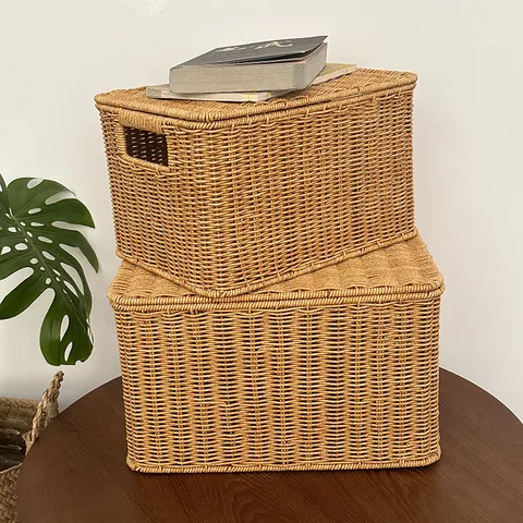 Woven Storage Basket With Lid Plastic Rattan Storage Box Household Bedroom Organizer Large Medium Small Storage Bin
