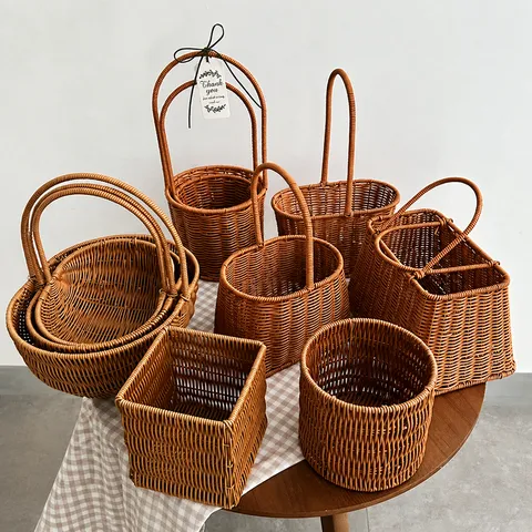 Handmade Plastic Rattan Woven Flower Basket Portable Storage Basket Nordic Style DIY Floral Gift Basket For Home