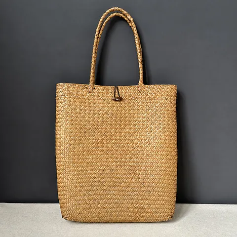 Women Straw Woven Tote Bag Large Capacity Handbag Handmade Seagrass Beach Bag Casual Idyllic Style Summer Vacation