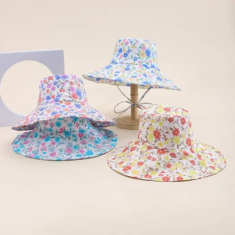 Chapeau Bob à Large Bord pour Femmes Chapeau de Soleil Pliable Imprimé Numérique Décontracté Voyage à la Plage Protection UV Coton