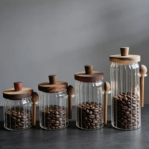 Verticaal GestreEPT Glas Voorraadpot Met Houten Deksel en Lepel Transparant Verzegeld Voedselblik Voor Keuken Koffieboon