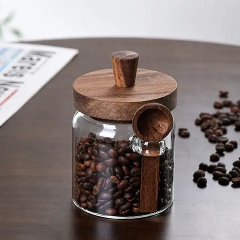 Bocal de Rangement Scellé en Verre Borosilicaté Avec Couvercle en Bois d'Acacia et Cuillère Cuisine Graines Noix Café