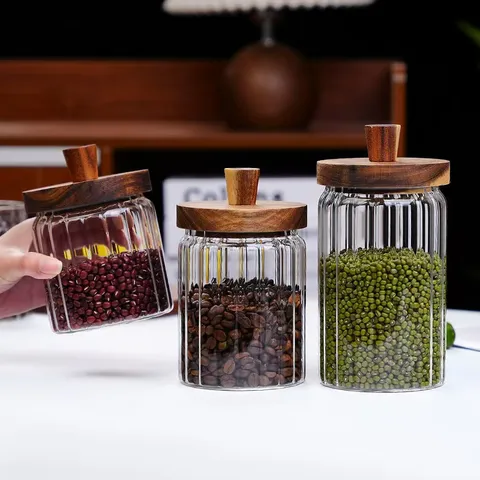 Verticaal GestreEPT Glas Voorraadpot Met Houten Deksel en Lepel Transparant Verzegeld Voedselblik Voor Keuken Koffieboon