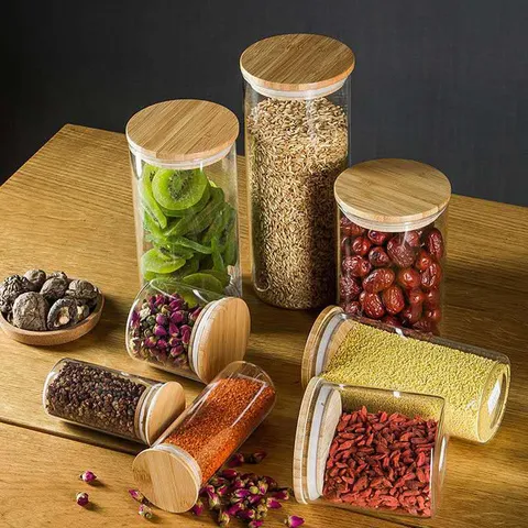 High Borosilicate Glass Sealed Storage Jar Kitchen Food Container With Bamboo Lid Clear Grain Storage Jar