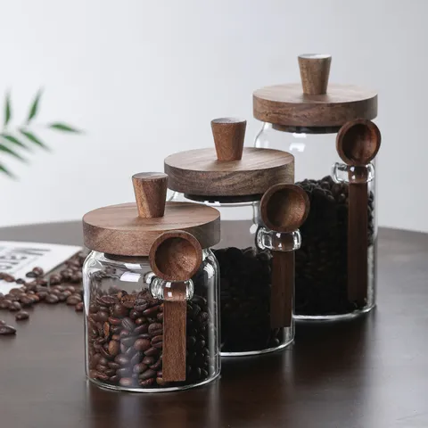 Bocal de Stockage de Nourriture en Verre Transparent Avec Couvercle en Bois d'Acacia Et Cuillère Récipient de Cuisine Moderne