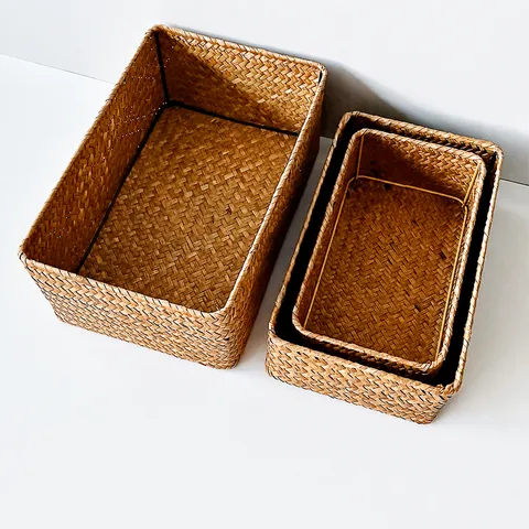 Panier de Rangement en Osier Fait Main Boîte Rectangulaire Tissée Organisateur de Bureau Récipient pour Maison Cuisine Chambre