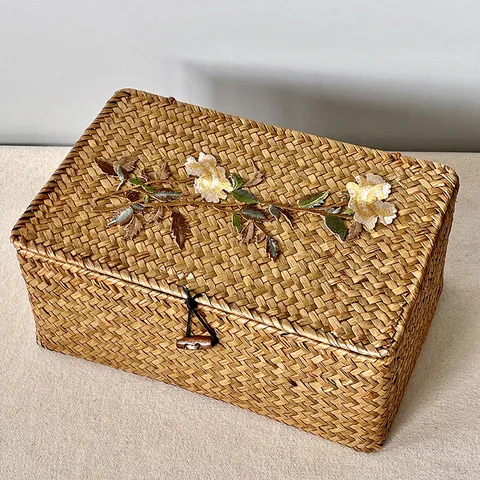 Vintage Handgewebter Weiden-Aufbewahrungskorb Mit Blumenstickerei Und Deckel Handgemachte Geschenkbox Für Kosmetik Heimorganisation