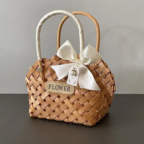 Panier en Copeaux de Bois Tissé à la Main Style Mori Panier de Fleurs Boîte Cadeau Souvenir Panier de Rangement Portable Pour Fête de Mariage