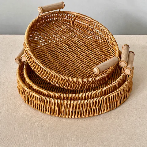 Japanese Style Imitation Rattan Woven Storage Basket Round Bread Fruit Snack Tray With Wooden Handles Home Kitchen Organizer
