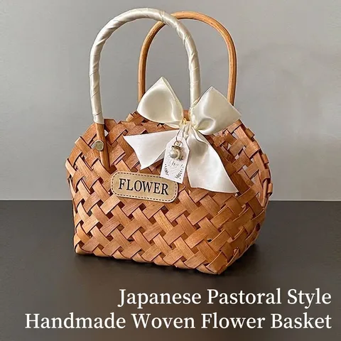 Panier en Copeaux de Bois Tissé à la Main Style Mori Panier de Fleurs Boîte Cadeau Souvenir Panier de Rangement Portable Pour Fête de Mariage