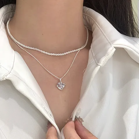 Minimalist Copper Alloy Gypsophila Chain Choker Necklace Silver Tone Shiny Wave Link Necklace for Women Everyday Stacking Layering Jewelry